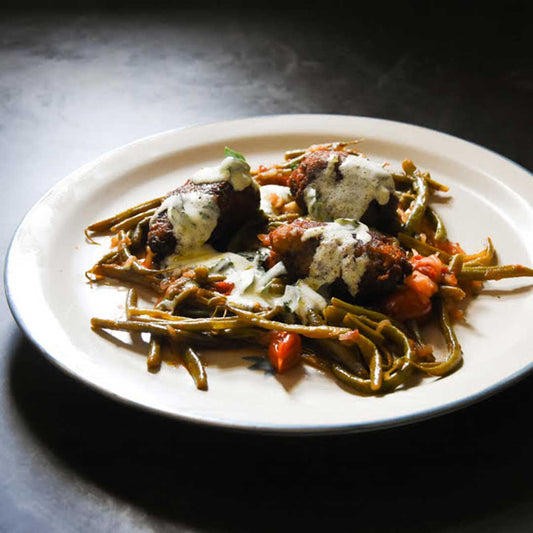 Aubergine Fritters with Tomato Braised Green Beans
