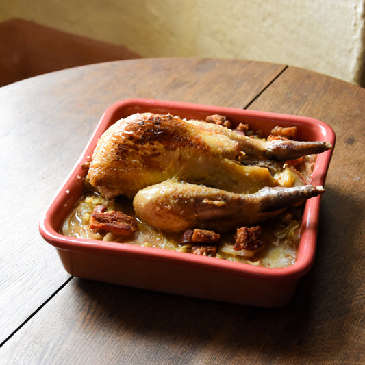 Pot Roast Guinea Fowl with Pancetta and Braised Cabbage