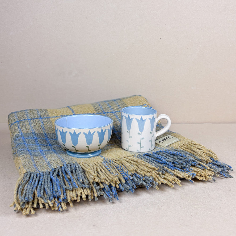 Fiona Macdonald Throw with a Large Harebell Mug and Porridge Bowl